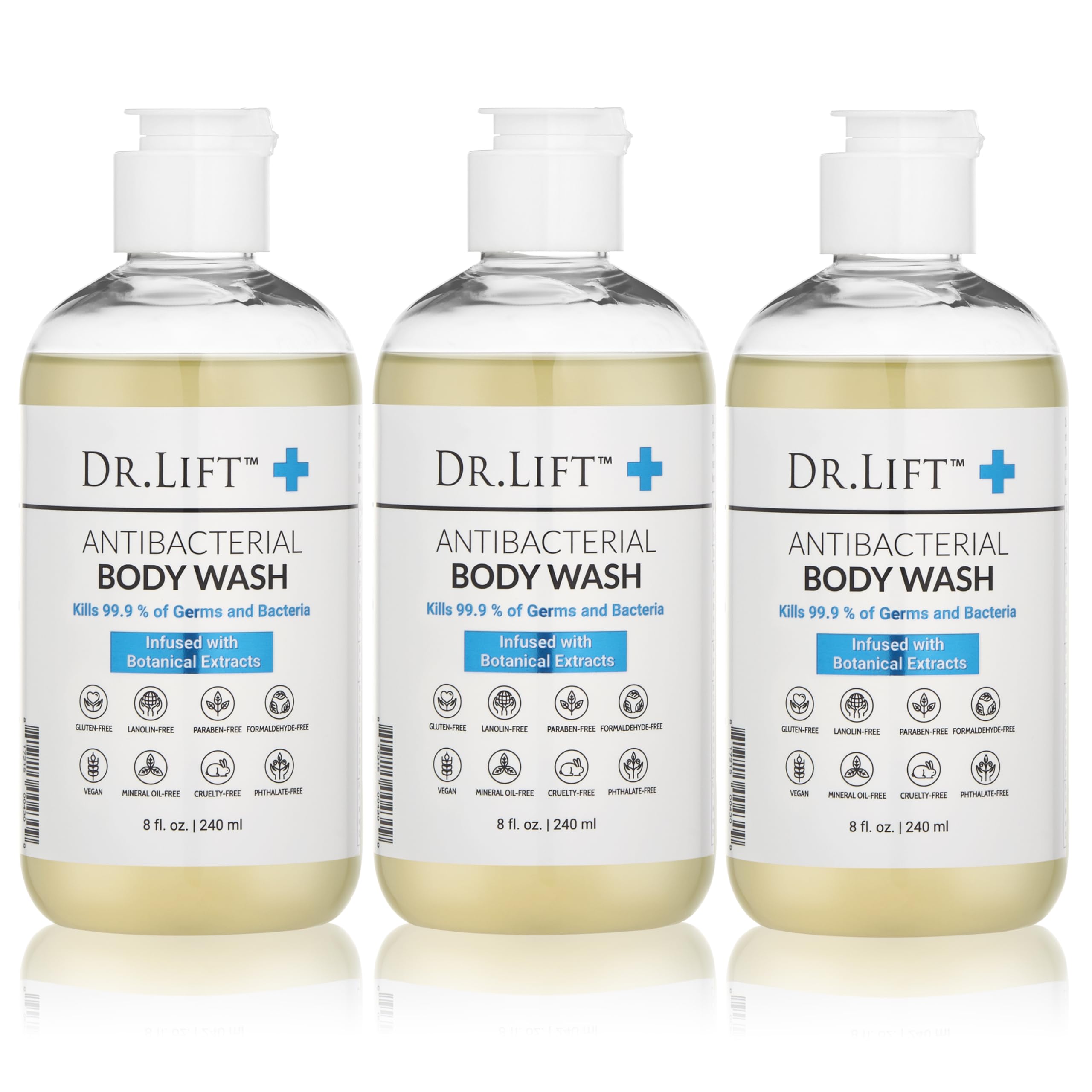 DR. LIFT Antibacterial Body Wash, 8 oz (3-Pack) - Gentle & Effective Shower Gel - Made in America