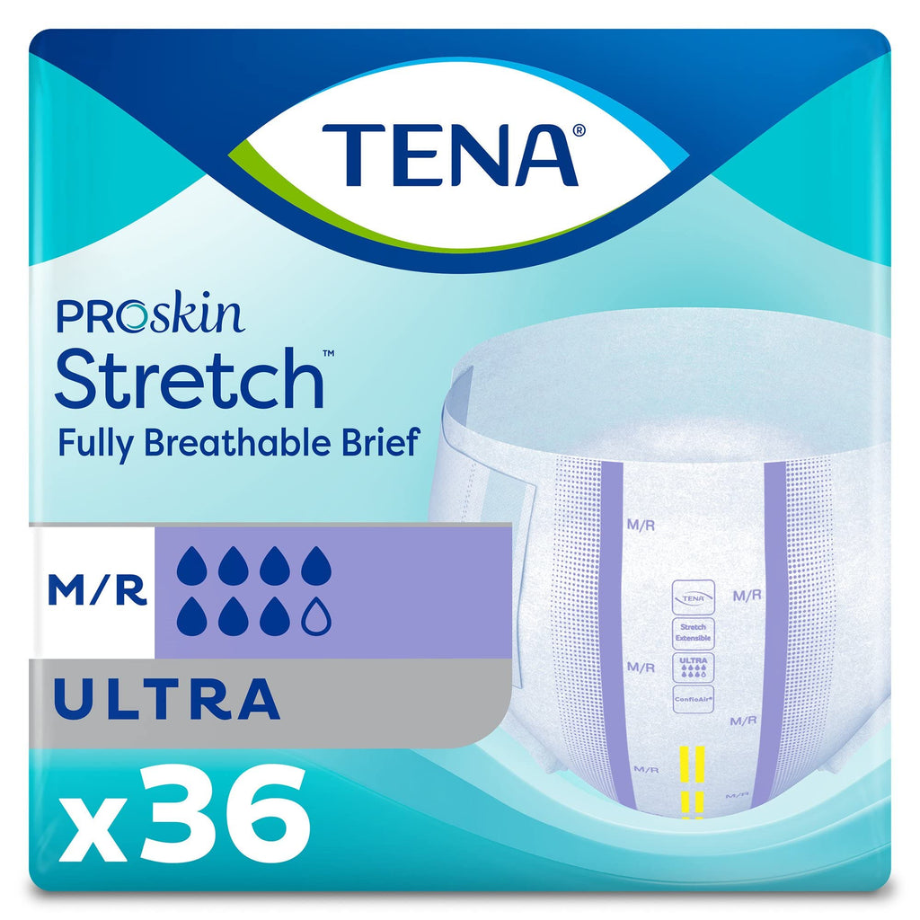 TENA Stretch Ultra Disposable Incontinence Briefs, 36 Count (Pack of 2), Unisex, 33 to 52 in Waist/Hip, Made with ConfioAir Breathable Technology
