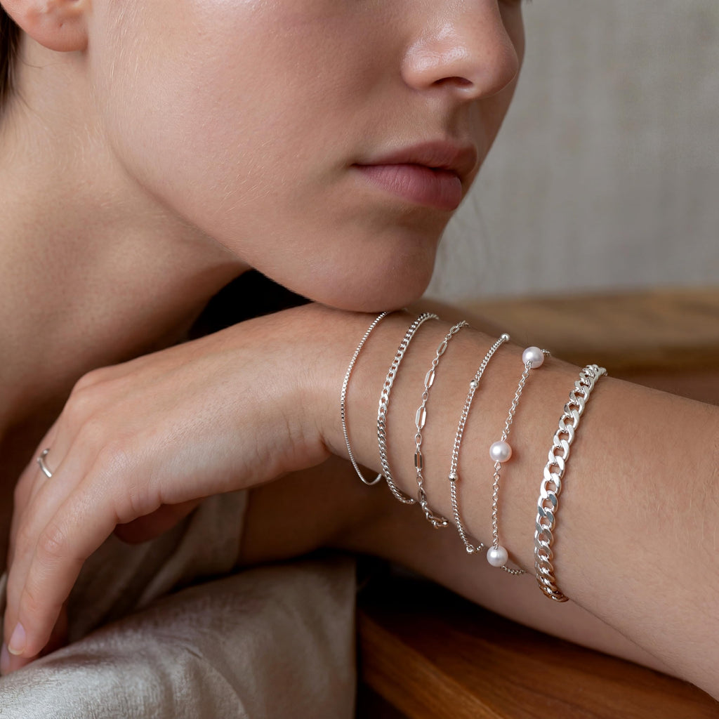 MBW Silver Bracelets for Women Trendy, Dainty 14K Silver Plated Cuban Link Chain Pearl Bracelet Silver Stackable Bracelet Stack Waterproof Tiny Cute Bracelet Set Layering Bracelet Minimalist Jewelry