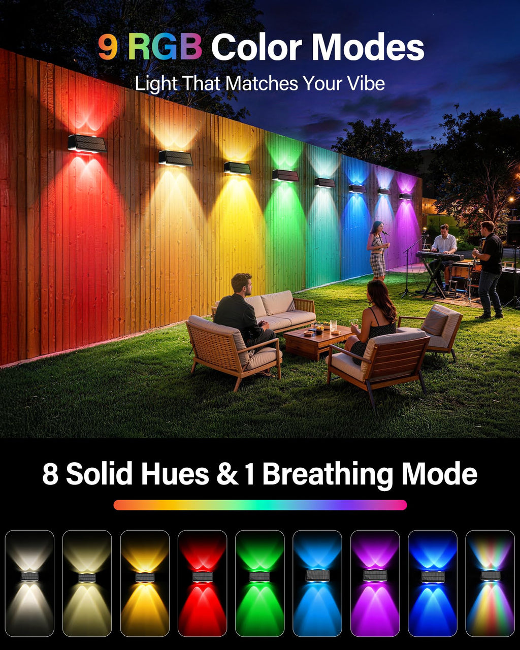 Toeuie Solar Fence Lights Outdoor, 12 Pack 100LM Fence Lights Solar Powered Waterproof, 9 Color Modes, Up & Down LED Focused Beam, 12H Dusk to Dawn Glow for Pool/Patio/Wall/Backyard - Black