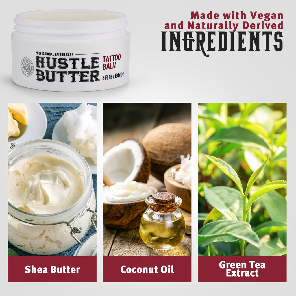 Hustle Butter Tattoo Aftercare 5oz Tattoo Balm, Heals + Protects New Tattoos and Rejuvenates Older Tattoos - 100% Vegan Cream No-Petroleum