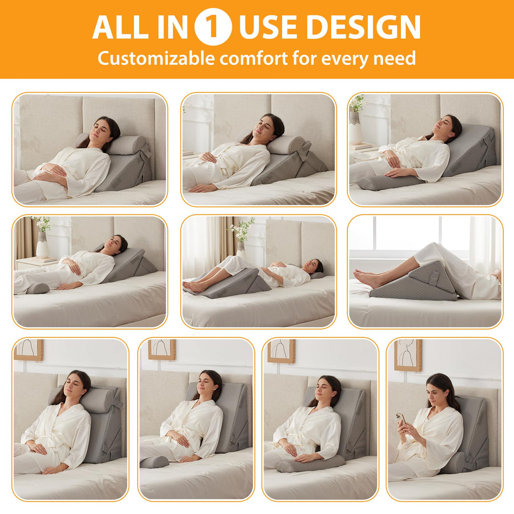 Ruqmuis 3PCS Wedge Pillow Set for After Surgery, Adjustable 9&12 Inch Bed Wedge Pillow for Sleeping, Incline Pillow Wedge for Headboard, Post Surgery, Acid Reflux, Neck&Back Support, Grey