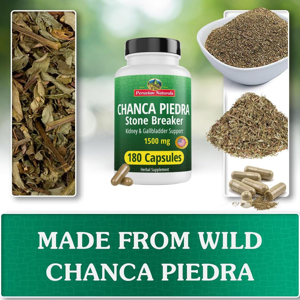 Peruvian Naturals Chanca Piedra Stone Breaker 180 Capsules - Kidney Stone Dissolver & Gallbladder - 1500mg per Serving - Chancapiedra Stonebreaker for Bladder Cleanse & Urinary Tract - Vegan, Non GMO