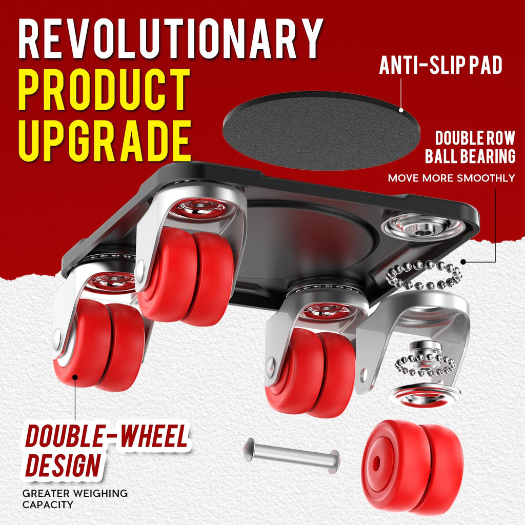 WOUOW Furniture Movers with 8 Wheels – Upgraded Dual Wheel Design, Carbon Steel Panel Heavy Duty Dolly with Lifter, Max Load 2200 LBS, More Stable & Smoother Moves