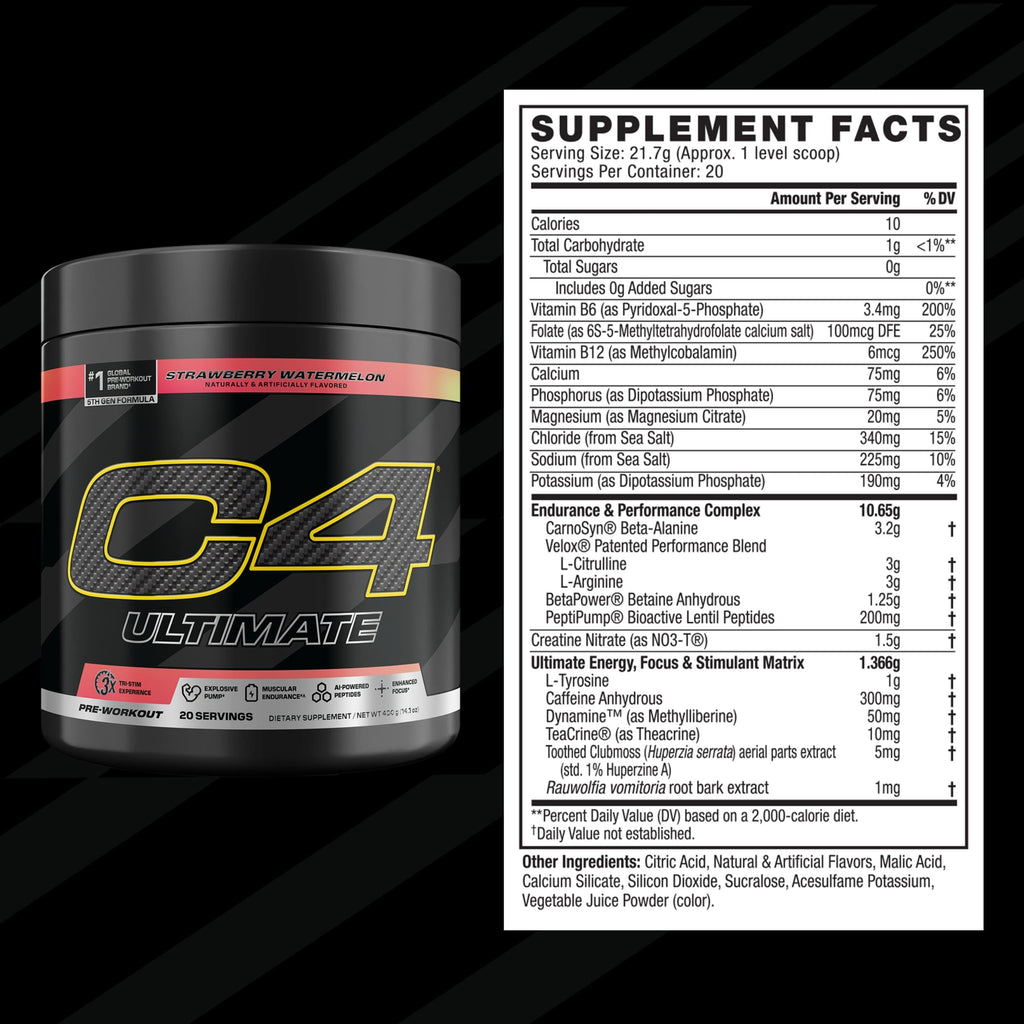 C4 Ultimate Pre Workout Powder Watermelon - Sugar Free Preworkout Energy Supplement for Men & Women - 300mg Caffeine + 3.2g Beta Alanine + 2 Patented Creatines - 20 Servings