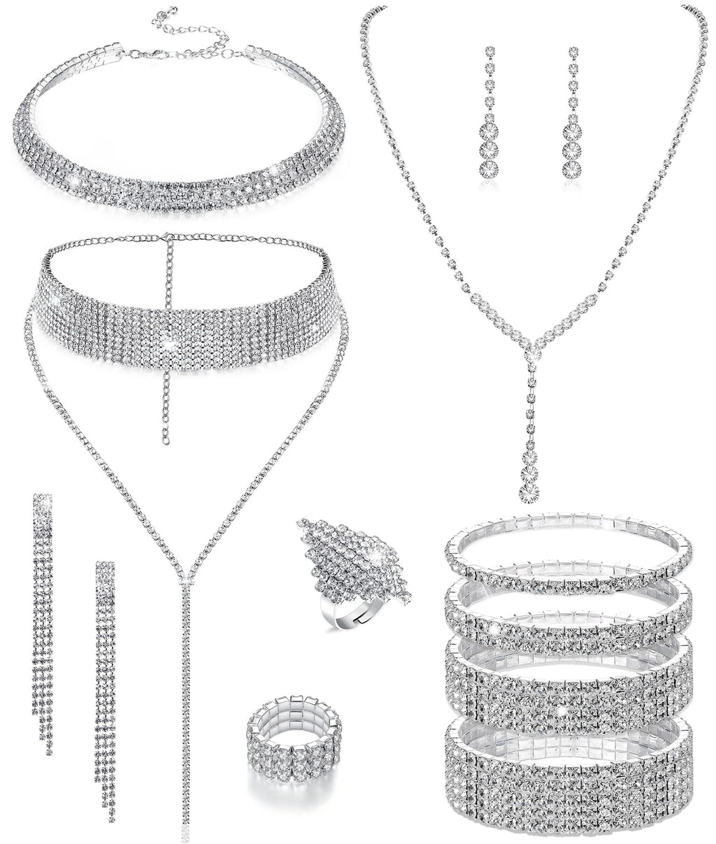 Vieyomn 13 Pcs Rhinestone Jewelry Set for Women Wedding Costume Jewels Crystal Necklaces Tennis Bracelets Rings Earrings Set for Wedding Bride Party Accessory