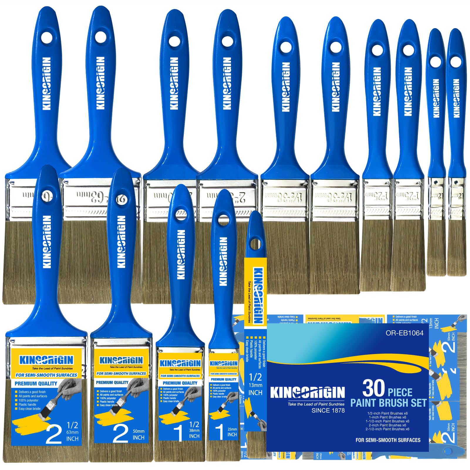 King Origin Versatile Paint Brush Set, 30 Pack, 5 Sizes Paint Brushes (0.5" 1" 1.5" 2" 2.5"), Small Paint Brushes for Walls, Furniture, Crafts - Detailed Painting & Larger Surface Coverage