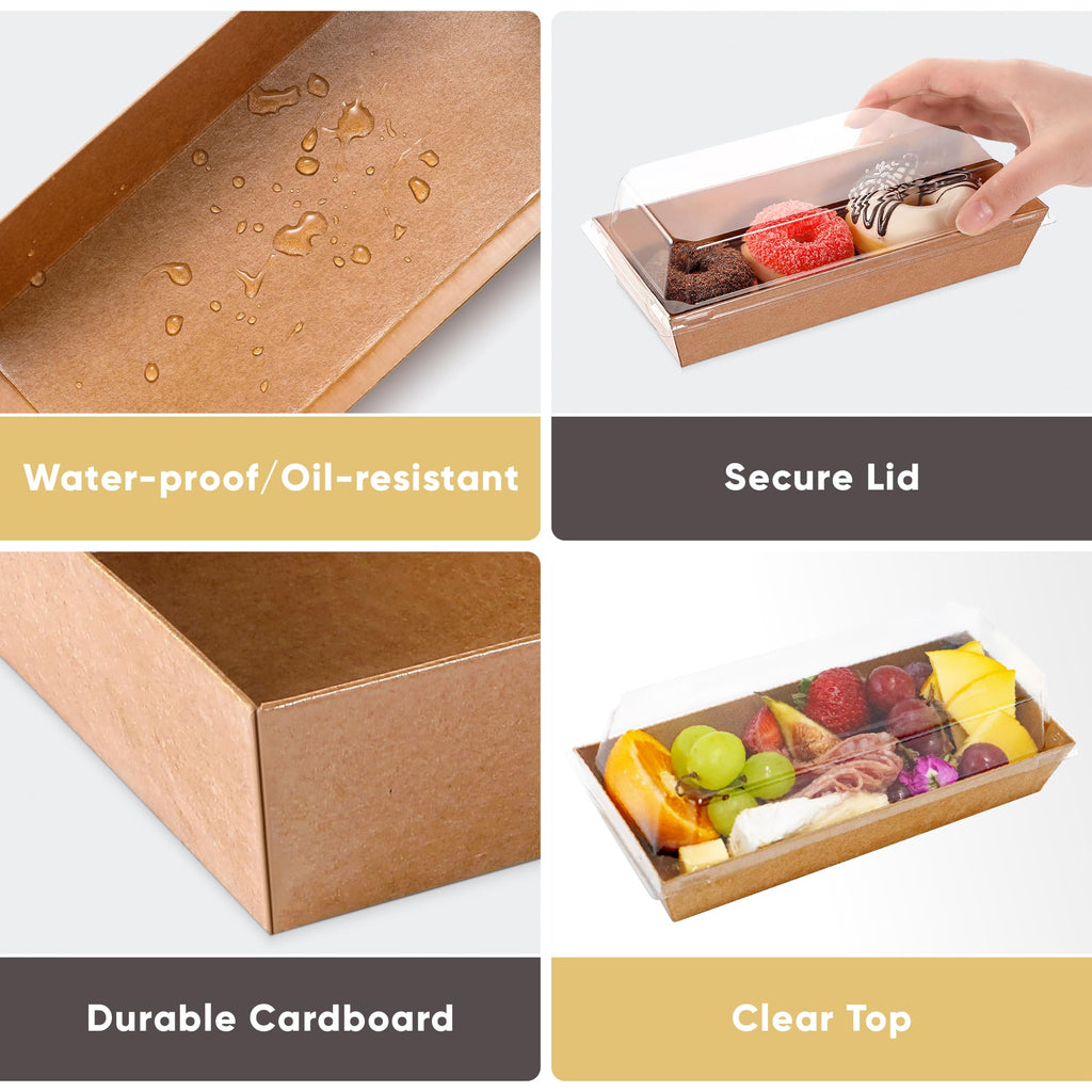 50 Pack 7.5x3.3 Inches Small Charcuterie Boxes with Clear Lids - To Go Paper Mini Treat Box, Charcuterie Boards Accessories, Dessert Boxes, Cookie, Cake Slice, Chocolate Strawberry, Donut (Brown)