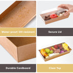 50 Pack 7.5x3.3 Inches Small Charcuterie Boxes with Clear Lids - To Go Paper Mini Treat Box, Charcuterie Boards Accessories, Dessert Boxes, Cookie, Cake Slice, Chocolate Strawberry, Donut (Brown)