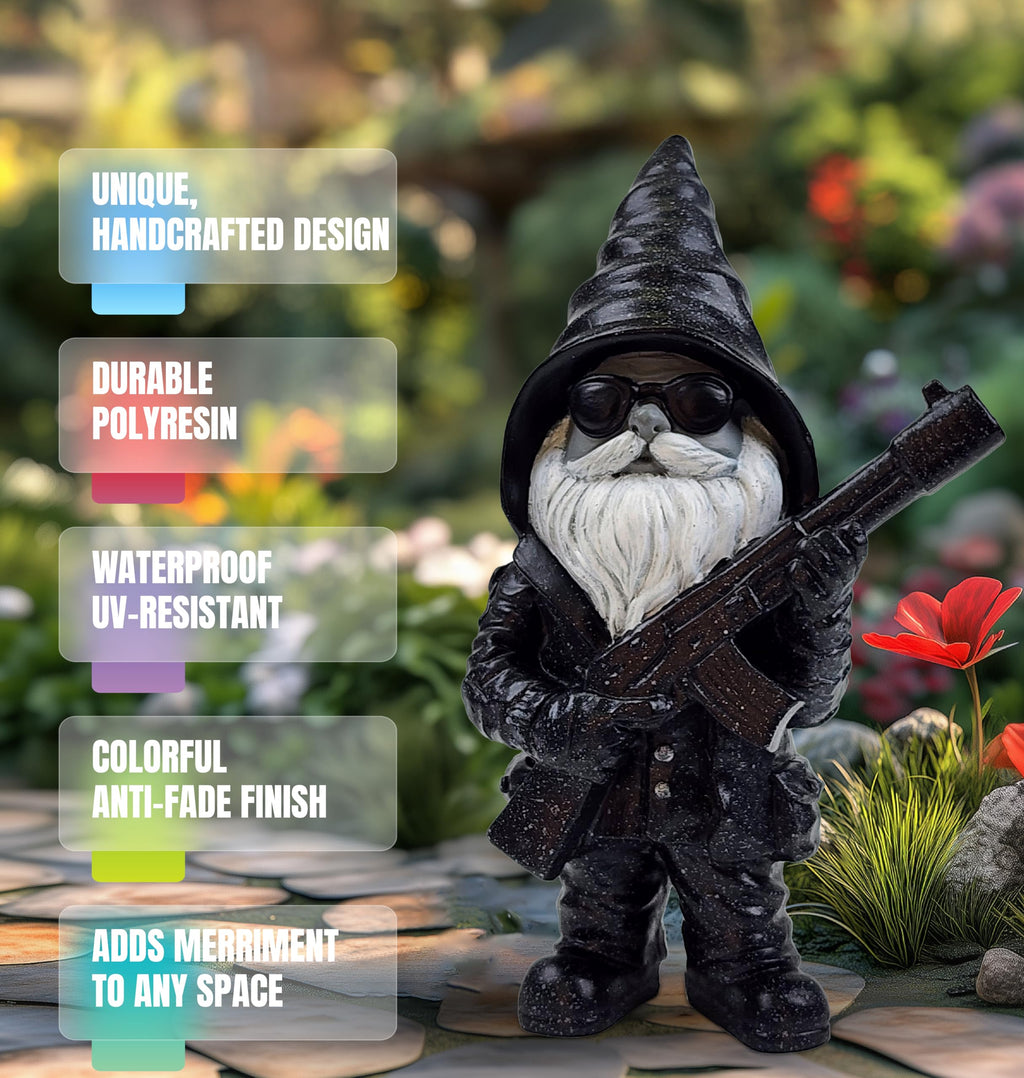 Better Office Products Garden Gnome Statue, 8" Height, Handcrafted Waterproof, UV-Resistant Polyresin Lawn Patio Porch Ornament Decoration (Stone Cold Hitman)