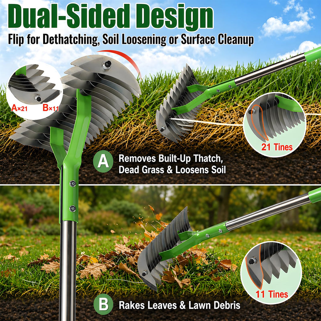 Heavy Duty Thatch Rake for Lawns - 13” Deep-Clean Dethatching Rake for Dead Grass & Moss Removal, Dual-Sided Manual Dethatcher and Scarifier Tool, 65" Long Metal Handle for Garden Yard Lawn Care
