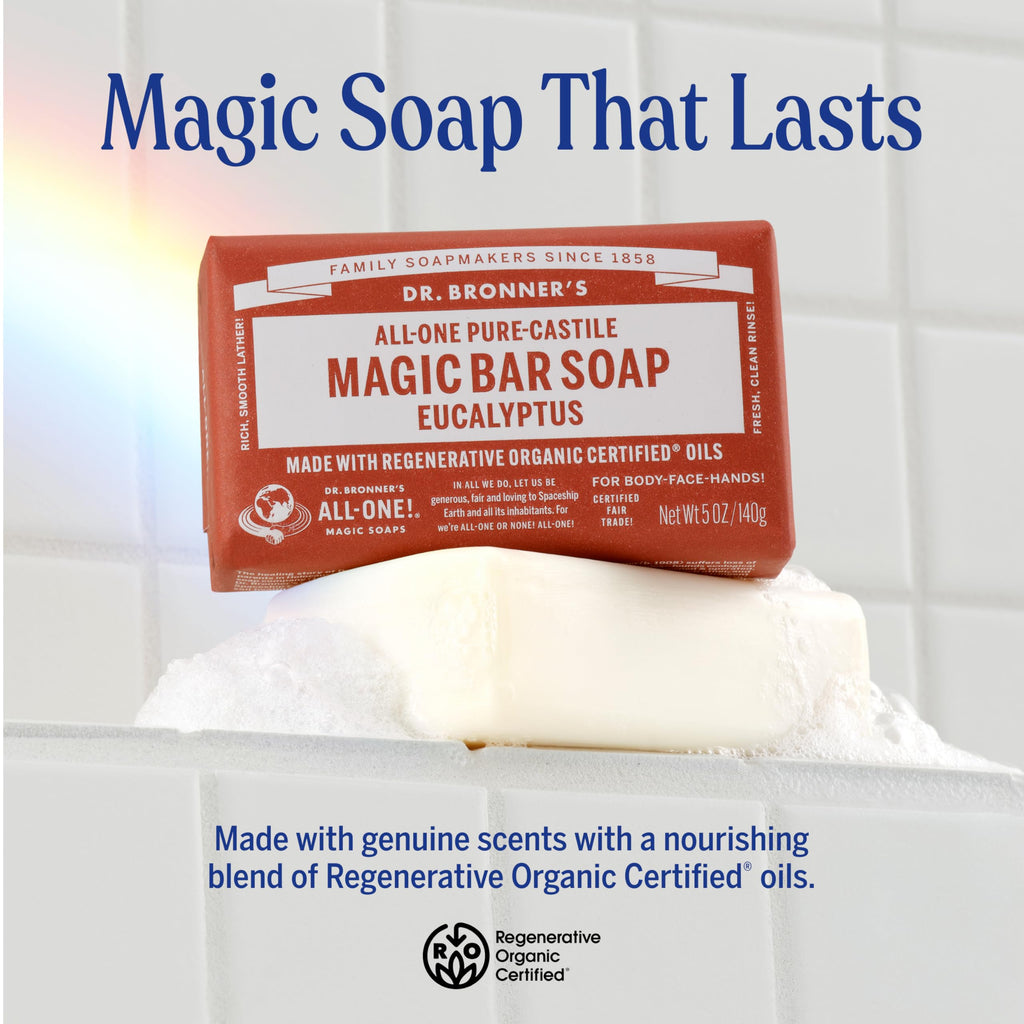 Dr. Bronner's Pure-Castile Magic Soap Bars (Eucalyptus, 5 oz, 6-Pack)- Made with Regenerative Organic Certified Oils for Face, Body & Hair - Gentle, Vegan- Bar Soaps for Men & Women