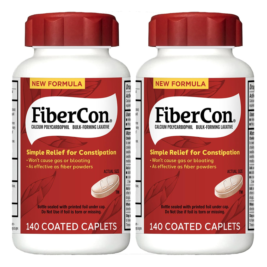 FiberCon Fiber Therapy Coated Caplets, Safe, Simple & Comfortable Insoluble Fiber for Bowel Irregularity, Comfortable Constipation Relief with No Gas or Bloating, 140 Caplets (Pack of 2)
