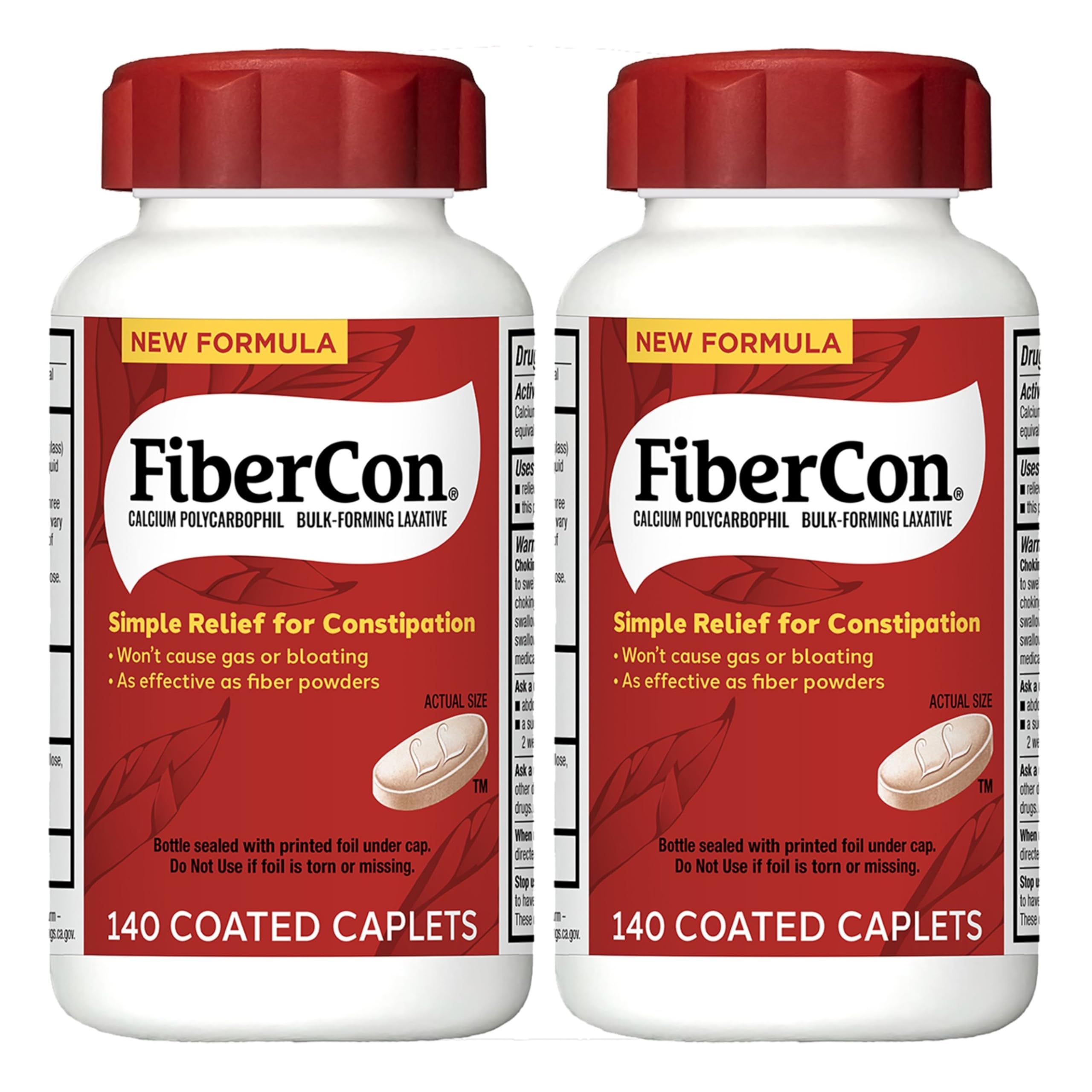 FiberCon Fiber Therapy Coated Caplets, Safe, Simple & Comfortable Insoluble Fiber for Bowel Irregularity, Comfortable Constipation Relief with No Gas or Bloating, 140 Caplets (Pack of 2)