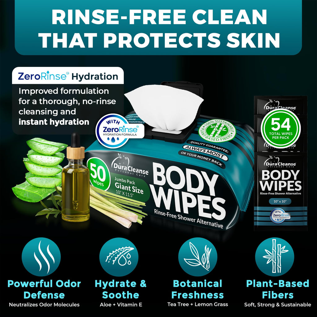 XL Body Wipes for Men - 50 No Rinse Shower Sheets + 4 Travel Bath Sachets - 10 x 11.5" After Gym Mens Deodorant Wipes - Adult Disposable Washcloths, Face Towels for Camping Essentials & Survival Gear