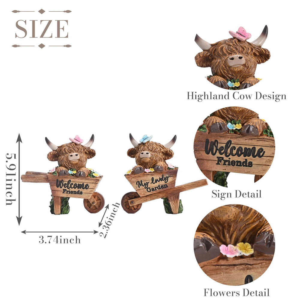TERESA'S COLLECTIONS Garden Decor, Set of 2 Cute Highland Cows Sitting in Cart Garden Decor, Waterproof Resin Garden Statue, Highland Cows Gift, Garden Gift for Women Mom, Indoor/Outdoor