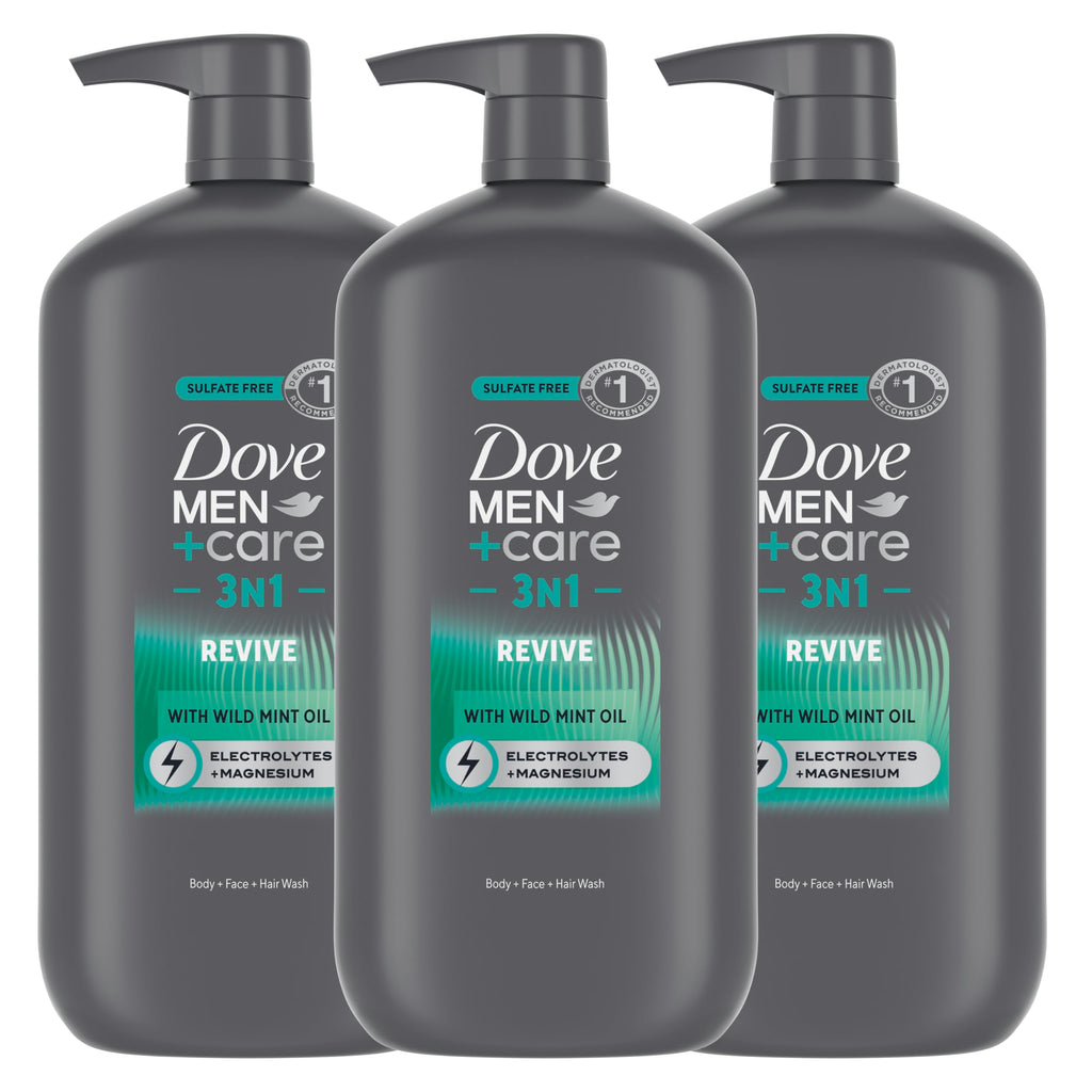 Dove Men+Care Body and Face Wash with Wild Mint Oil, Invigorating Revive 3N1 with 24-Hour Nourishing Micromoisture Technology, 30 oz 3 Count