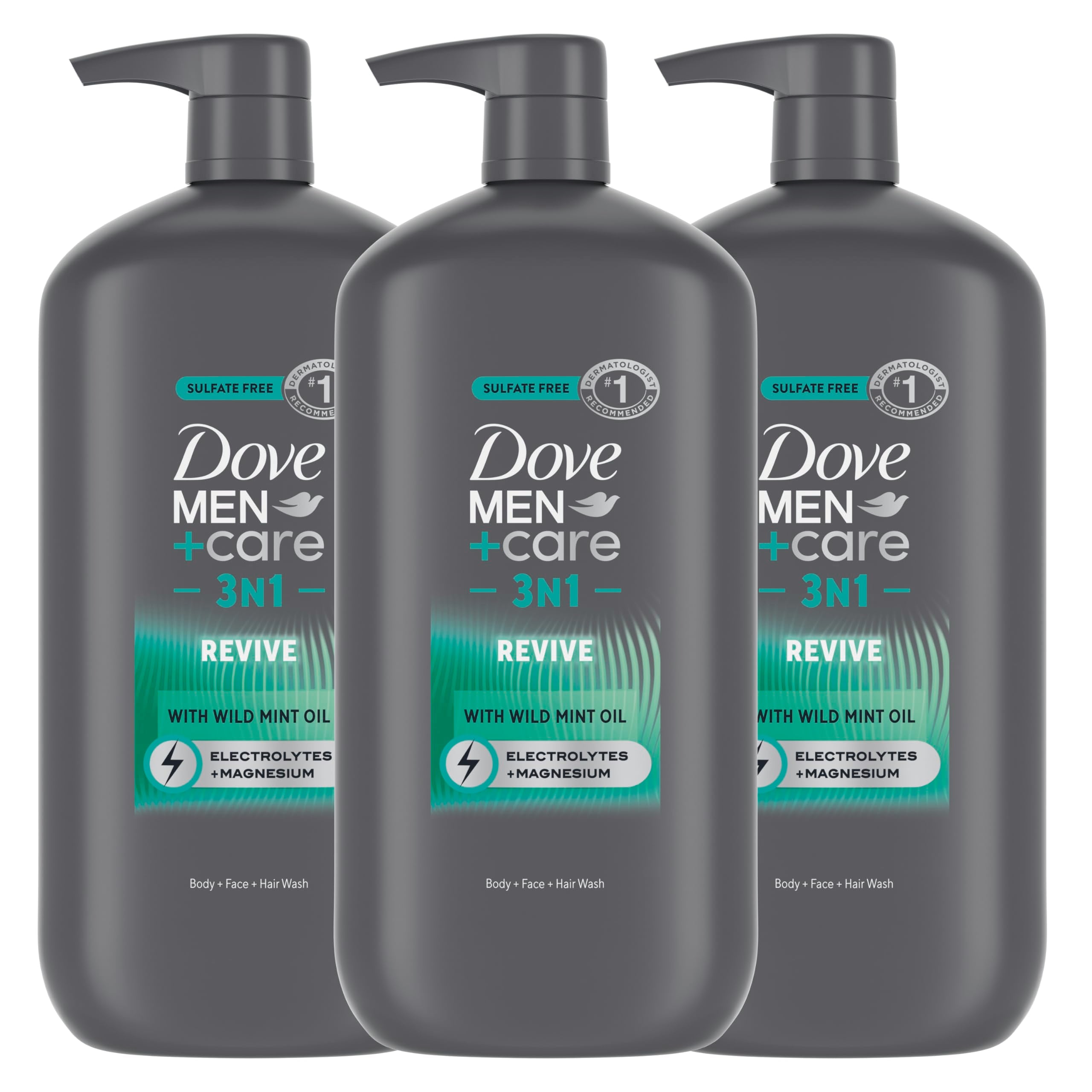 Dove Men+Care Body and Face Wash with Wild Mint Oil, Invigorating Revive 3N1 with 24-Hour Nourishing Micromoisture Technology, 30 oz 3 Count