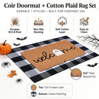 Halloween Door Mat Combo Set, Welcome Ghost Coco Coir Welcome Doormat + 28" x 43" Black and White Plaid Rug, Autumn Halloween Front Porch Entryway Decor Floor Mat
