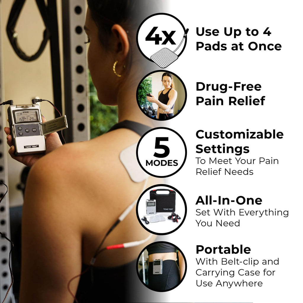 TENS 7000 Rechargeable Tens Unit Muscle Stimulator, Back Pain Relief, 4 Electrodes/Unit Pads, Period Pain Simulator, Muscle Recovery & Growth, Stim Machine, Electrotherapy, TENS Machine