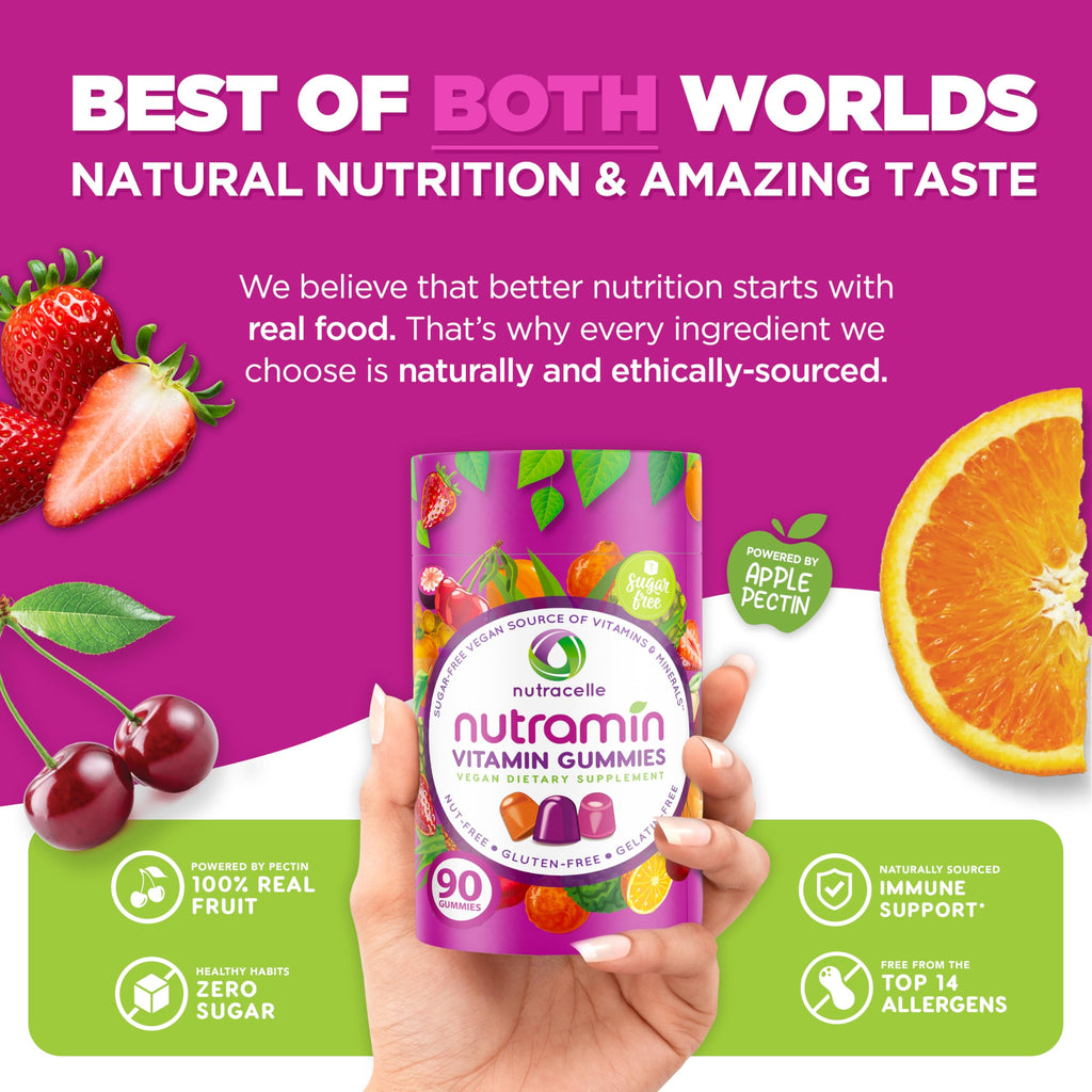 NUTRAMIN Daily Vegan Keto Multivitamin Gummies Non-GMO Natural Vitamin C, D + Zinc for Immunity, Plant-Based, Sugar-Free, Nut-Free, Gluten-Free, Biotin, Vitamin A, B, B6, B12 & More 45 Days (90 Count)