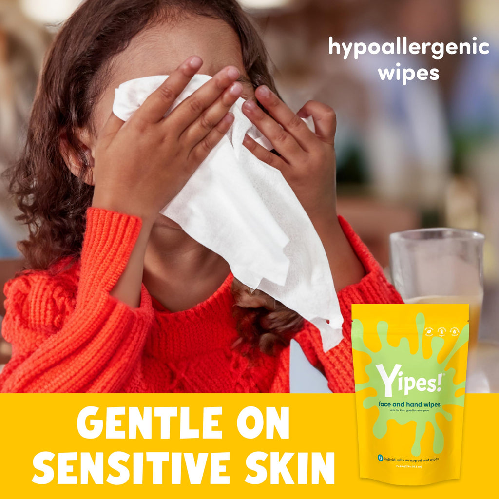 Yipes! Kids Face and Hand Wipes | Compostable Wet Wipes for Sensitive Skin | Individually Wrapped | Classroom Must Haves | Travel Essentials | For Backpacks, Lunchboxes, Classroom Supplies | 4 pack