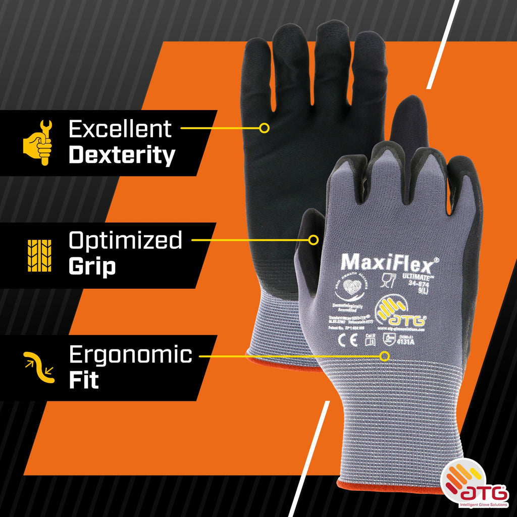 ATG MaxiFlex PIP 34-874/XL MaxiFlex Ultimate, Foam Nitrile Palm Coated Gloves, Gray, XL (Pack of 3)