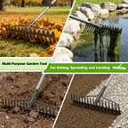 4FT Bow Rake,Heavy Duty Metal Garden Rake for Moving Gravel Loosening Soil Leveling Ground Gathering Leaf Debris Spreading Mulch, 17 Tines,Adjustable Handle, for Lawn Garden Farm Landscape Work