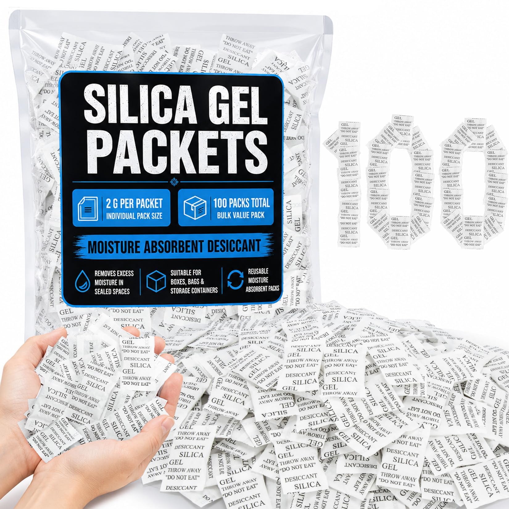 Sukh 100PCS Silica Gel Packets - 2g Desiccant Beads Moisture Absorbers
