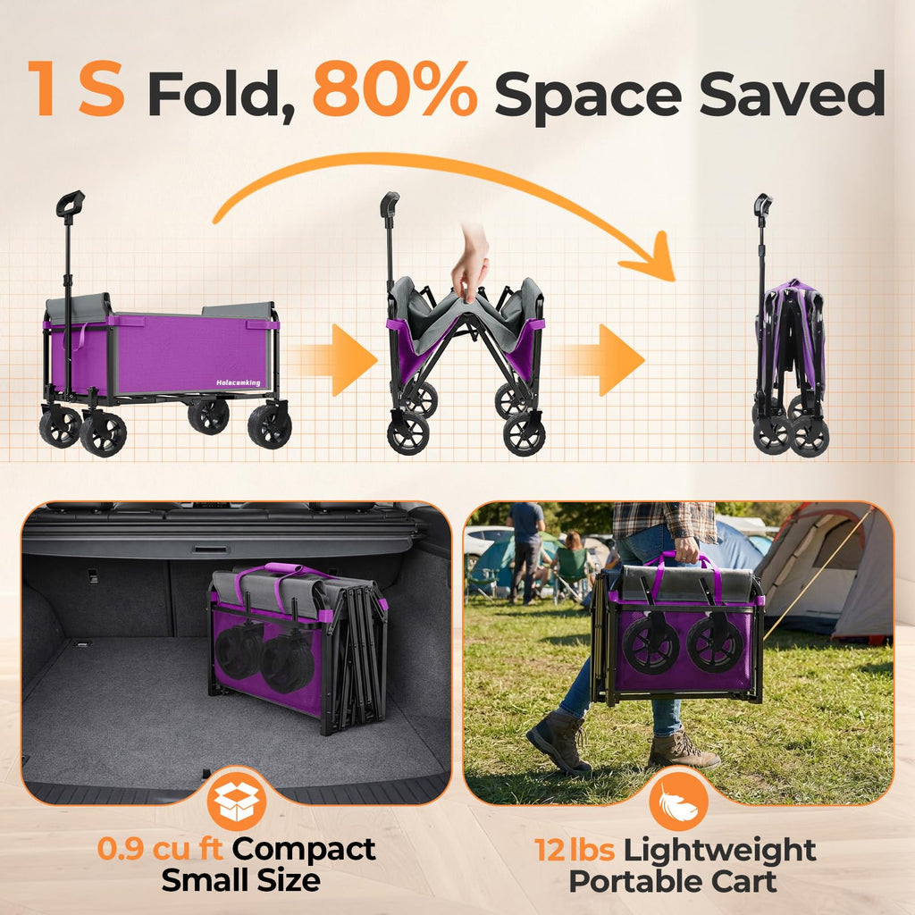 Holacamking Portable Collapsible Wagon Cart, Foldable Cart with Removable Side, Utility Groceries Wagon for Dogs Pets Camping Beach Shopping Sports Gardeing Fishing, Purple