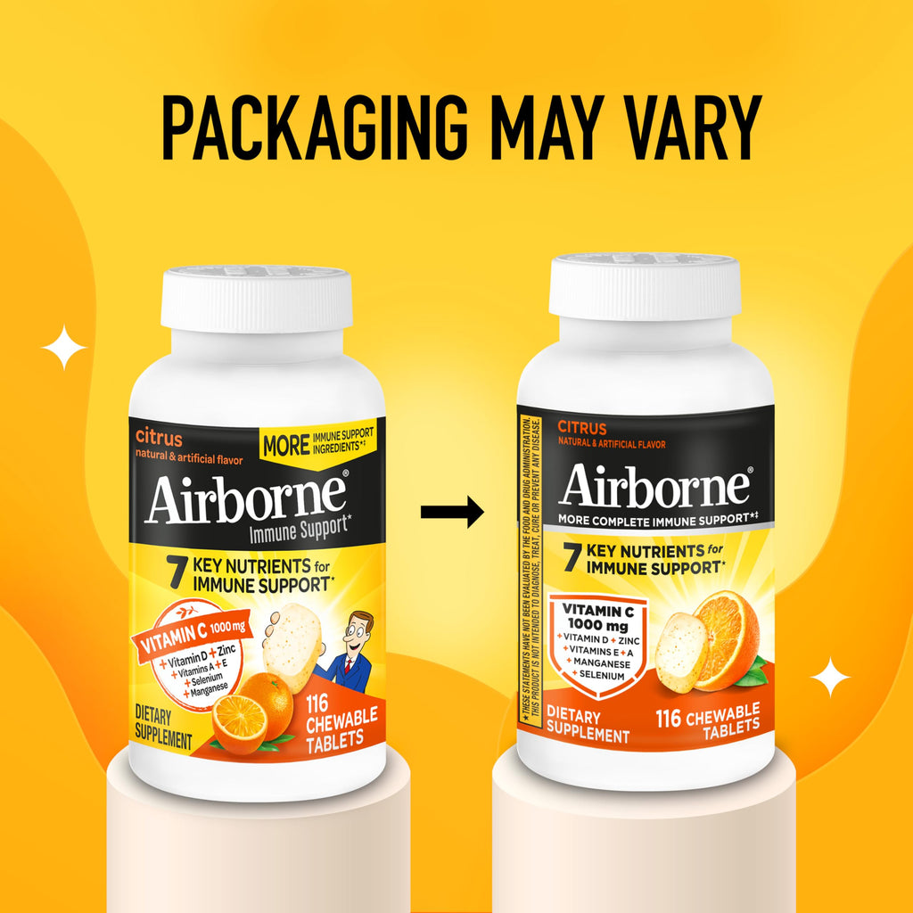 Airborne Vitamin C 1000mg (per Serving) - Citrus Chewable Tablets (116 Count in a Bottle), Gluten-Free Immune Support Supplement, with Vitamins A C E, Zinc, Selenium, Echinacea, Ginger, Antioxidants