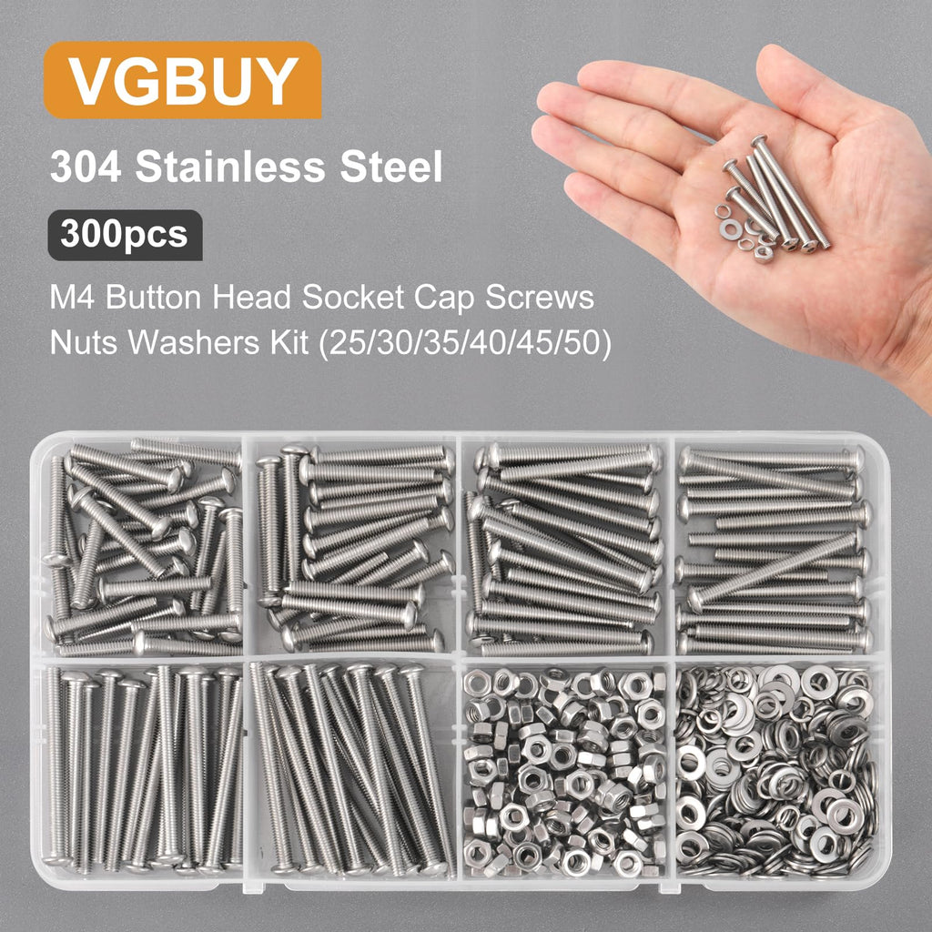 VGBUY 300pcs M4 Screws Assortment, M4 Screws Bolts for 3D Printer DIY, Hex Button Head Cap Screw Bolts Nuts Washer Kit, 304 Stainless Steel, 25/30/35/40/45/50mm