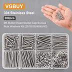 VGBUY 300pcs M4 Screws Assortment, M4 Screws Bolts for 3D Printer DIY, Hex Button Head Cap Screw Bolts Nuts Washer Kit, 304 Stainless Steel, 25/30/35/40/45/50mm