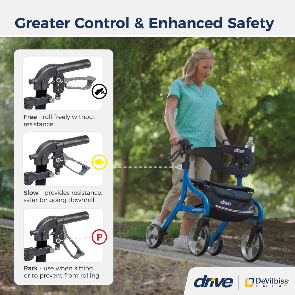 Drive Medical Nitro Sprint Foldable Rollator Walker with Seat - Lightweight Support - Large Wheels - Compact Folding Design - Adjustable Comfort - Standard Size - Blue