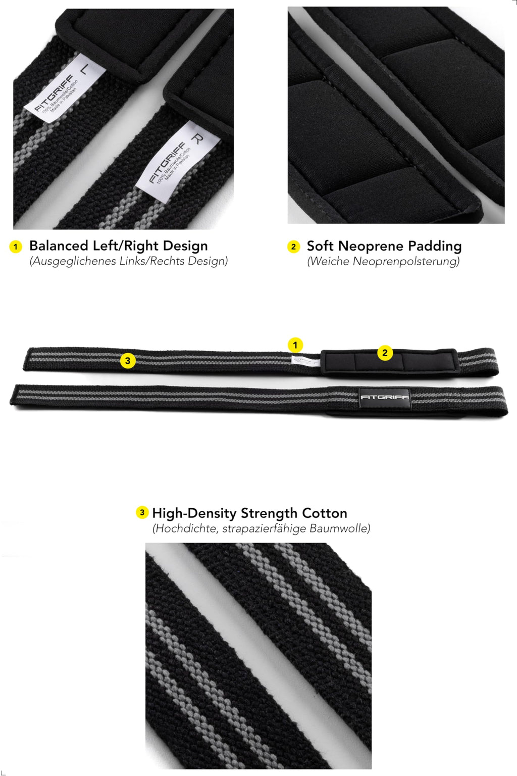 Fitgriff�� Lifting Wrist Straps for Weightlifting, Gym, Deadlift, Workout (Made of Premium Cotton & Padded) - Men & Women (Standard, Black/Grey)