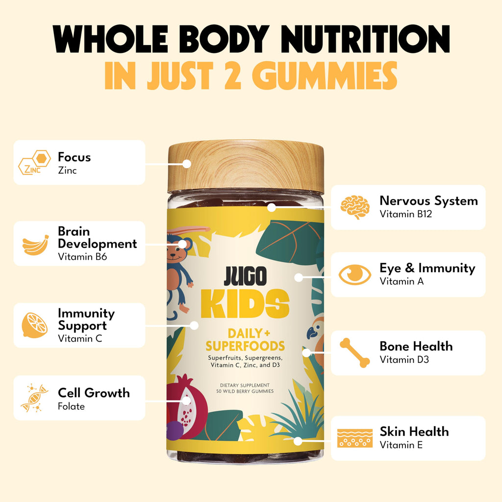JUGO Kids Daily + SUPERFOODS Multivitamin Gummies for Picky Eaters with Super Greens & Super Fruits, Vitamin C, A, and Zinc Supplements with Biotin, Gluten-Free, Non-GMO, 50 Count