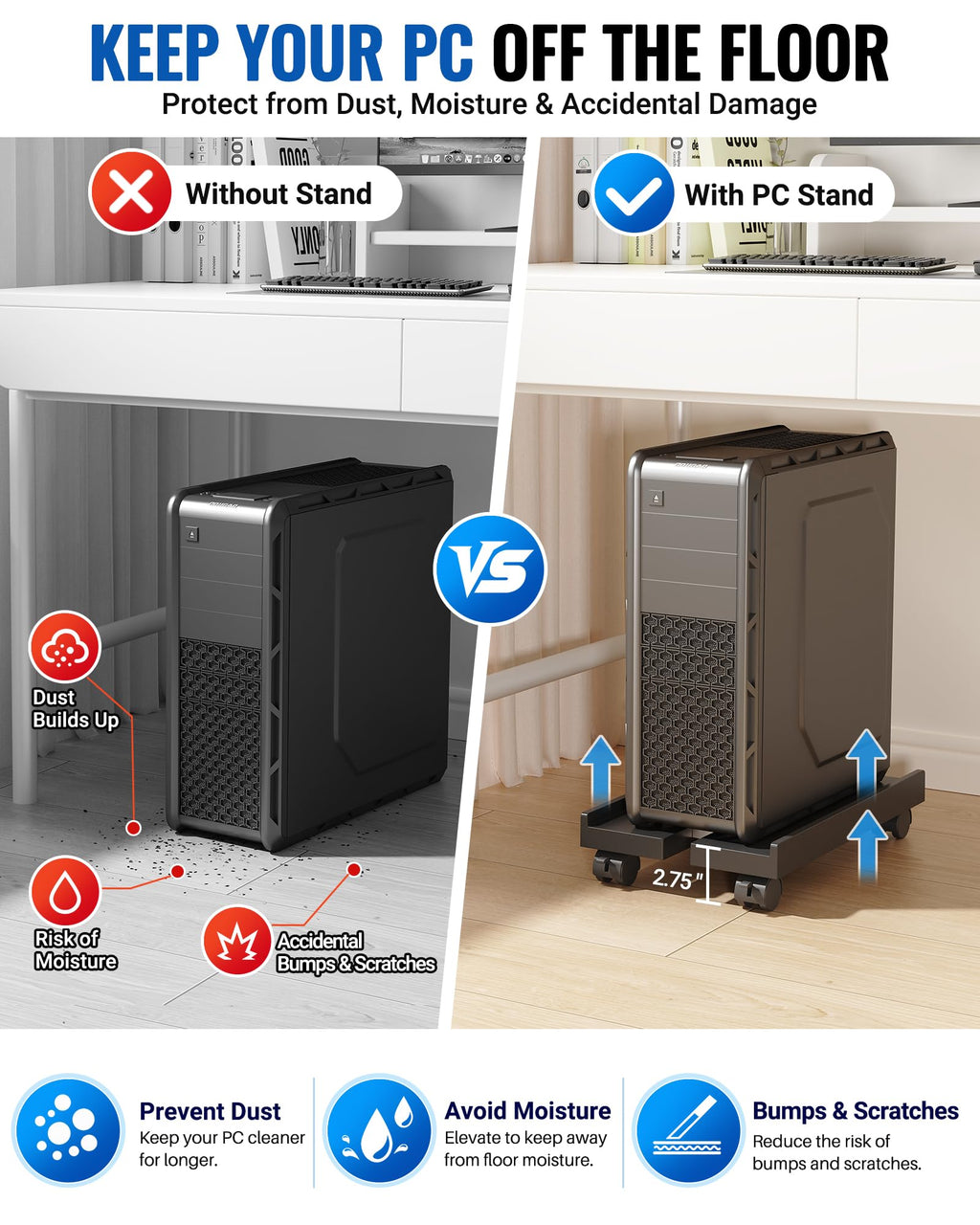 Adjustable Computer Tower Stand, Ventilated Mobile CPU Holder, Black