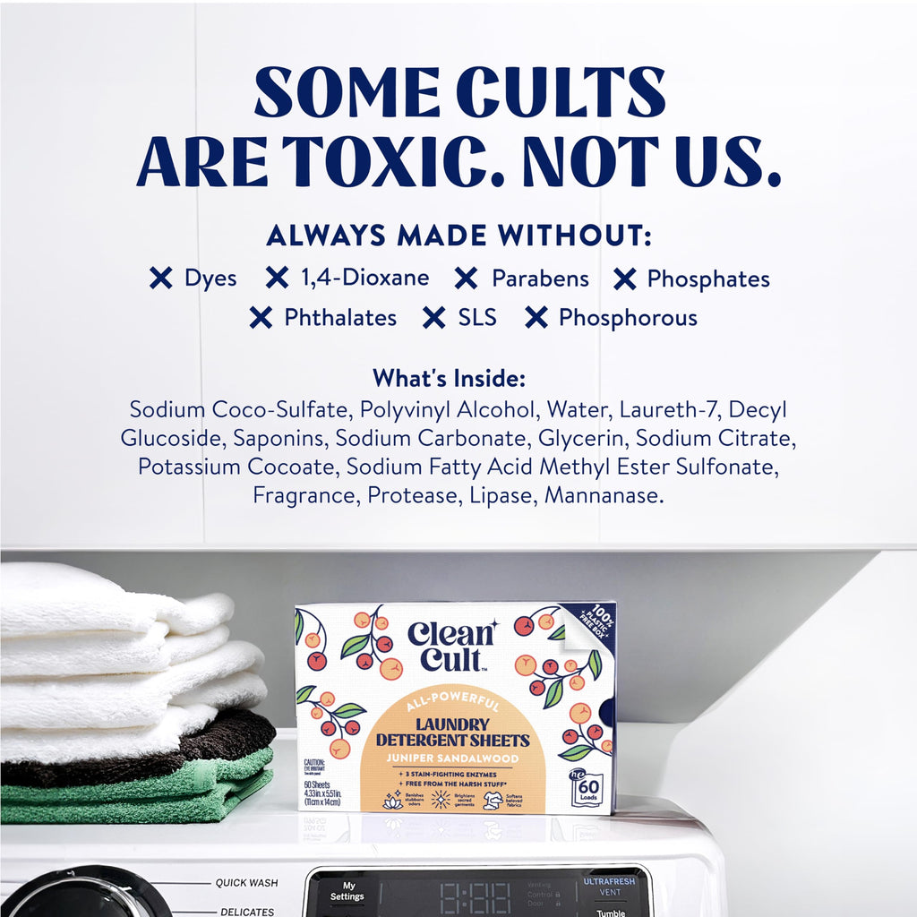 Cleancult Laundry Detergent Sheets - Resealable Box - 3 Stain Fighting Enzymes - Juniper Sandalwood - 60 Loads - Free of Harsh Chemicals - No Mess - No Plastic Waste (Pack of 2)