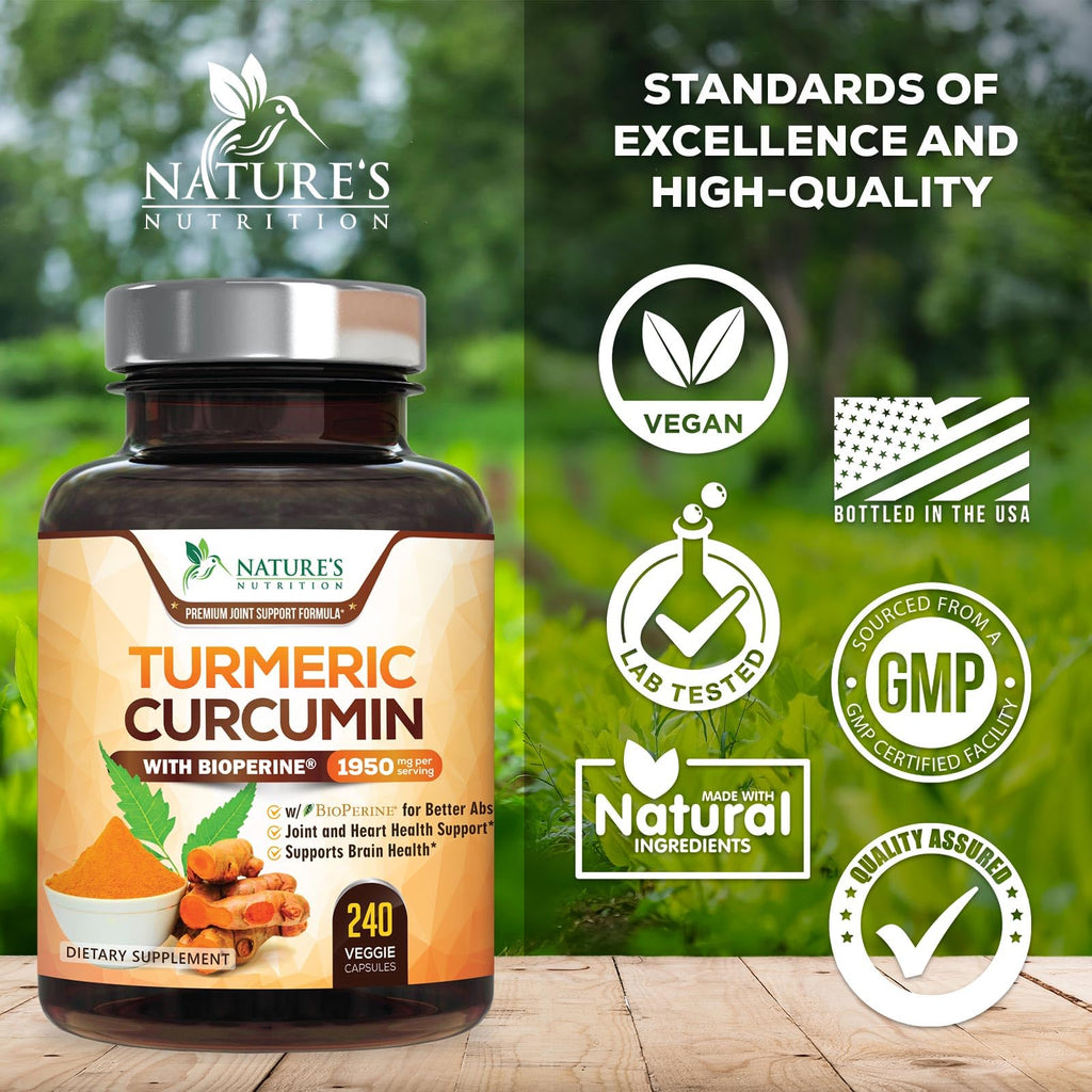 Turmeric Curcumin Supplement 95% Curcuminoids 1950mg with Organic Turmeric & BioPerine Black Pepper Extract for Best Absorption, Natural Vegan Joint Support, Non-GMO, Bottled in USA - 240 Capsules