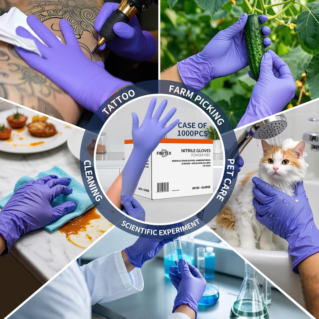 FINITEX Disposable Nitrile Exam Gloves 1000 PCS - 3.2mil Ice Blue Powder-free Latex-Free Examination Home Cleaning Food Gloves (L)
