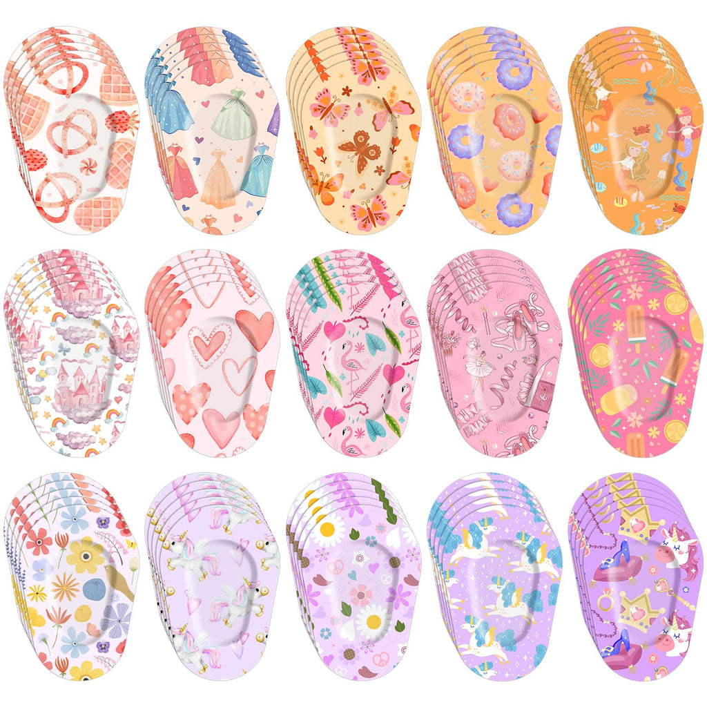 75 Pcs Kids Eye Patches 15 Cute Styles Soft Breathable Cotton Adhesive Patches for Amblyopia and Lazy Eye, 2.95"x1.96" Disposable Bandages for Toddlers, Girls & Adults, Bulk Pack