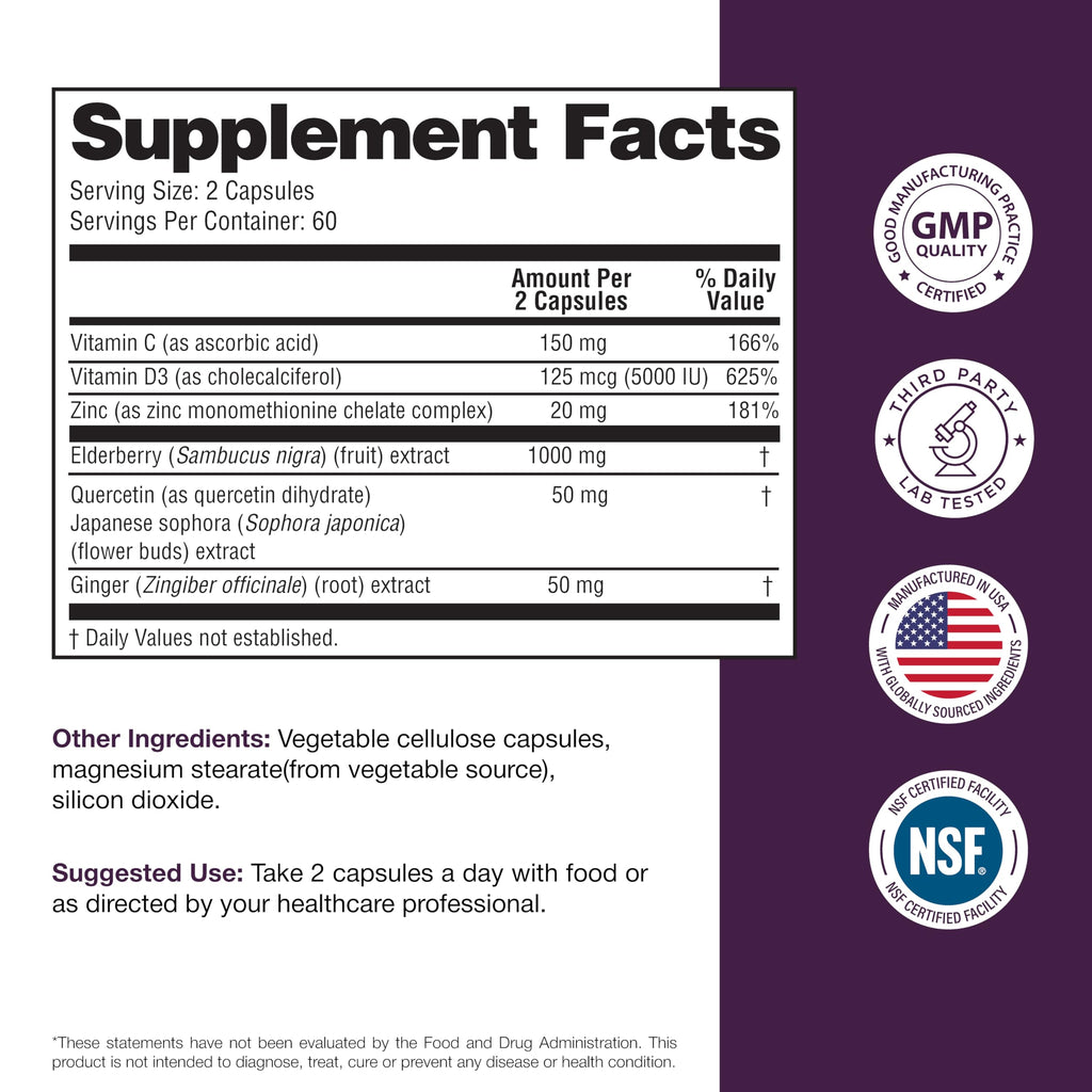 Elderberry Vitamin C and Zinc Capsules for Adults | 240 Count with Quercetin & Vitamin D3 | 6-in-1 Immune Support Supplement Pills | Sambucus Black Elderberry Natural Immunity Vitamins | Made in USA