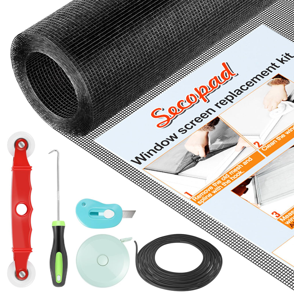 Secopad Window Screens Replacement Repair Kit, Black Screen Door Mesh Replacement Kit, Durable Fiberglass Mesh Roll with Tools for Windows Doors Patio and Porch, 39in x 118in