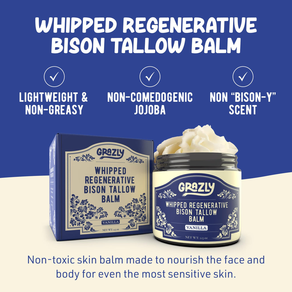 Grazly Whipped Bison Tallow Balm w/Manuka Honey, Jojoba, Organic Vanilla - Grass-Fed & Finished Organic Tallow Face Moisturizer - Face & Body Cream for Acne-Prone Skin - Nourishing Skincare (2.5 oz)
