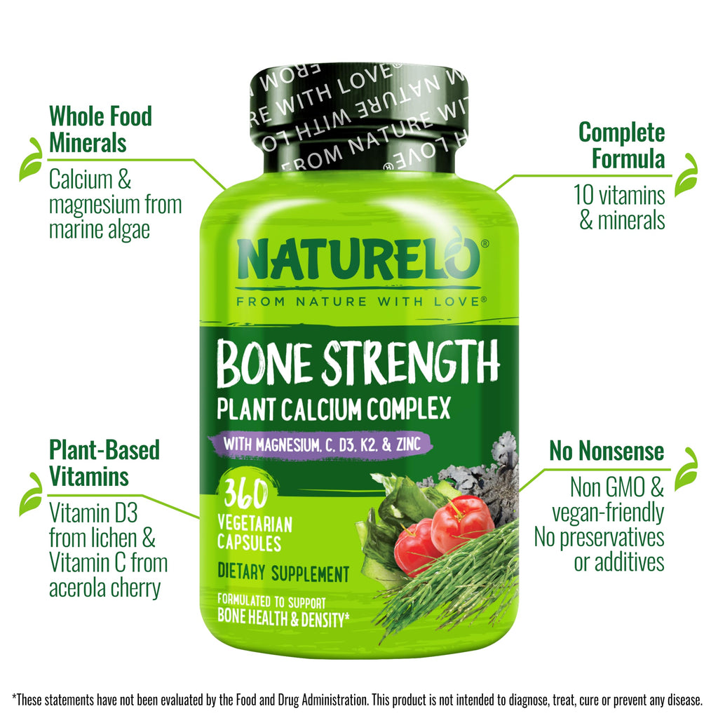 NATURELO Calcium Supplement with Vitamin C, D3, K2, and Magnesium Zinc for Bone Strength, 360 Vegetarian Capsules, with Calcium 600mg, Non-GMO, Plant-Based, Soy & Gluten-Free