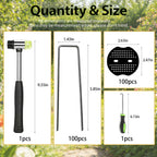 202Pcs Garden Stake Staple kit, 100Pcs 6-inch U-Shaped Landscape Staples, 100 Fixing Gasket, Pick Hook, Rubber Mallet Used for for Weed Barrier Fabric, Ground Cover, Holding Fence and Artificial Turf