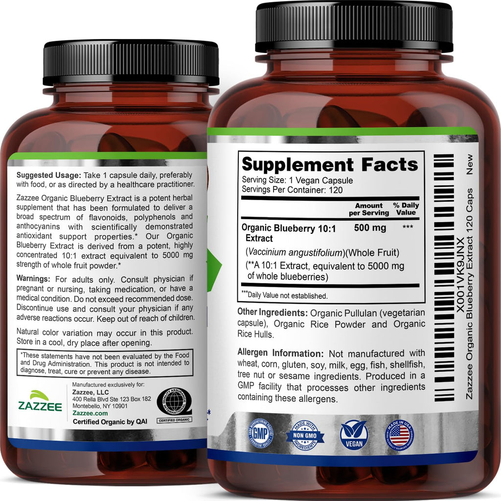 Zazzee USDA Organic Blueberry 10:1 Extract, 5000 mg Strength, 120 Vegan Capsules, 4 Month Supply, Concentrated and Standardized 10X Whole Fruit Extract, 100% Vegetarian, Non-GMO, Made in The USA