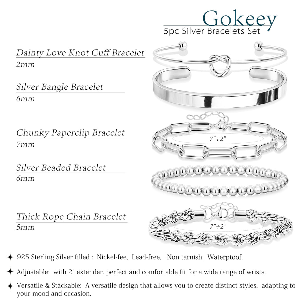 Gokeey Silver Cuff Bracelets for Women,Dainty Silver Bangles Bracelets Set for Women, Paperclip Link Chain Rope Beaded Tie Knot Bracelets Stack Chunky Jewelry