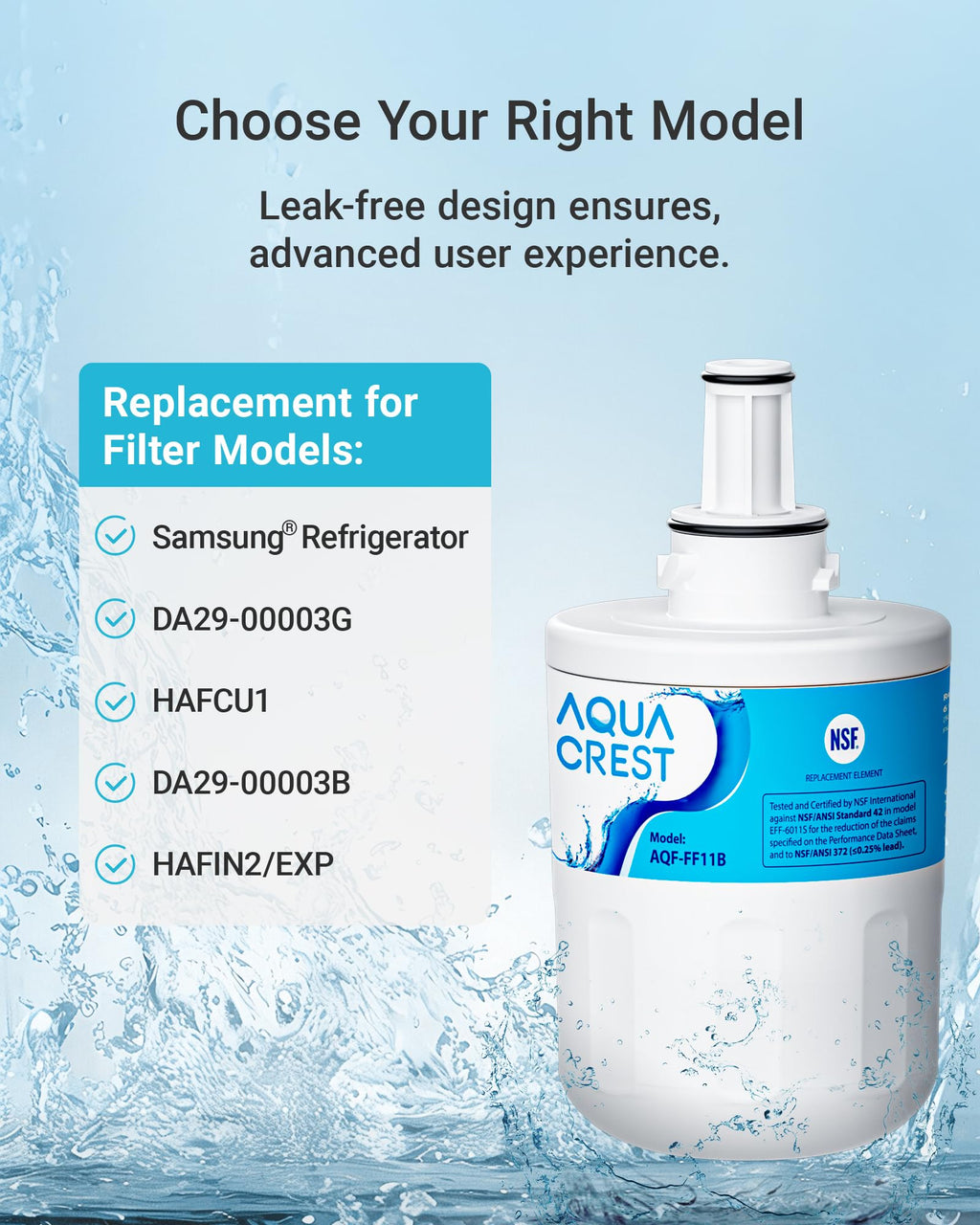 AQUA CREST AQF-FF1B Refrigerator Water Filter, Replacement for Samsung® DA29-00003G, DA29-00003B, DA29-00003A, Aqua-Pure Plus, HAFCU1, RFG237AARS, FMS-1, RS22HDHPNSR, RSG257AARS, WSS-1