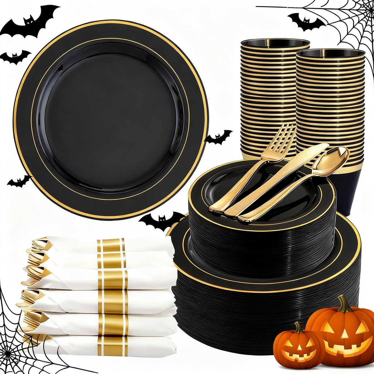 350 Pieces Black and Gold Plastic Plates with Disposable Silverware, Include 50 Dinner Plates 9”, 50 Dessert Plates 6.3”, 50 Black Cups 9 OZ, 50 Pre Rolled Napkins for Wedding/Party/Birthday/Halloween